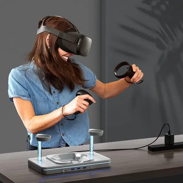 Alt view image 7 of 7 - VR Charging Dock for Oculus Quest 2, Charging Stand for Meta Quest 2, VR Accessories Charging Station Charge Headset Controller with USB-C Cable Support Colorful Lights