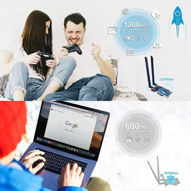 Alt view image 2 of 7 - PCI Express WiFi Card, AC 1200Mbps Dual Band Wireless Adapter WiFi PCIe Adapter, AC7265 Network Card 5GHz/2.4GHz, Bluetooth 4.2 with 2 Antennas for Desktop/PC(32/64 bit), Supports Windows 11/10