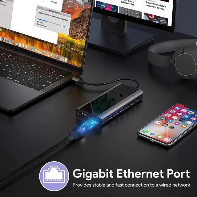 Alt view image 6 of 7 - USB C Hub, 15-in-1 USB-C Hub with 4K HDMI, VGA, Wireless Charger, 1000M RJ45 Gigabit Ethernet, 7 USB (3x USB 3.0 & 4x USB 2.0), PD 100W, SD/TF & 3.5mm AUX, USB C Dock for MacBook Pro and Type C Device