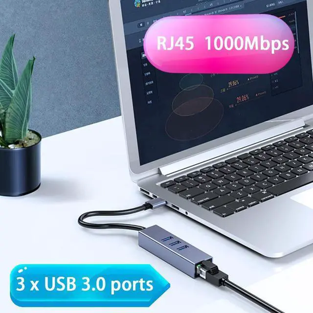Alt view image 3 of 7 - USB 3.0 to Gigabit Ethernet Adapter, 3-Port USB 3.0 Hub with RJ45 10/100/1000Mbps Ethernet Adapter USB Network Adapter Compatible with MacBook, Surface,Notebook PC with Windows, XP, Vista, Mac/Linux