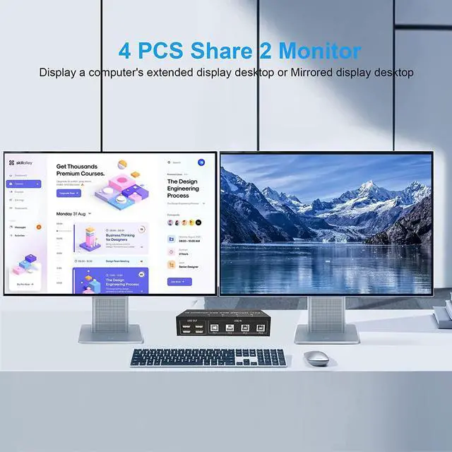 Alt view image 3 of 7 - 4 Port HDMI + DisplayPort KVM Switch Dual Monitor, UHD 4K@60Hz, KVM Switch 2 Monitors 4 Computers with 4 USB 2.0 Hub, Keyboard Video Mouse Peripherals Switcher for 4 PCs Dual Monitors