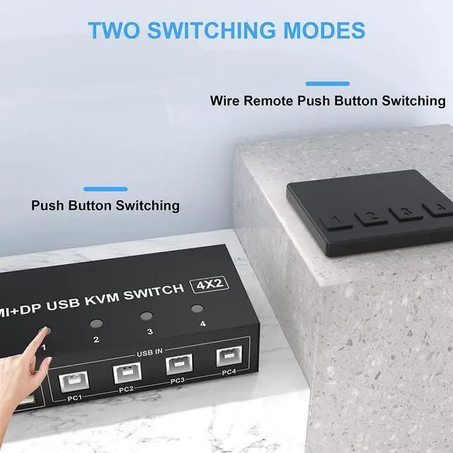 Alt view image 6 of 7 - 4 Port HDMI + DisplayPort KVM Switch Dual Monitor, UHD 4K@60Hz, KVM Switch 2 Monitors 4 Computers with 4 USB 2.0 Hub, Keyboard Video Mouse Peripherals Switcher for 4 PCs Dual Monitors