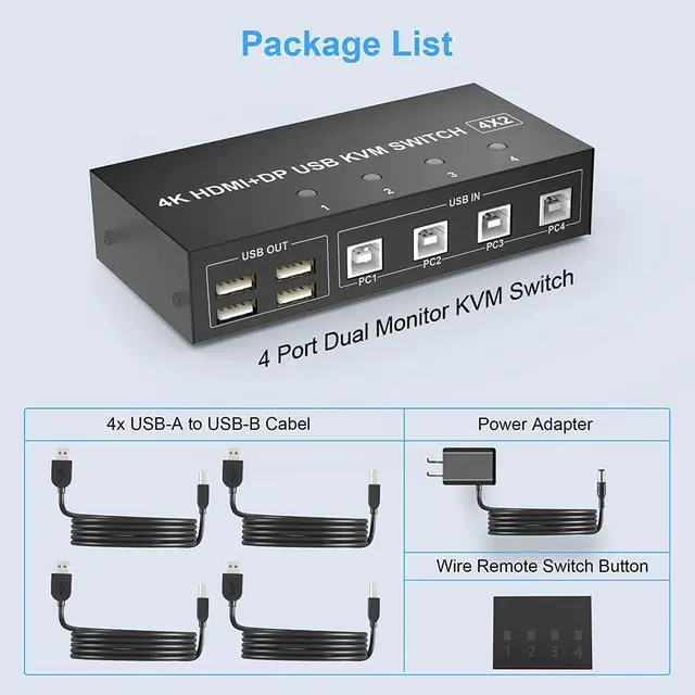 Alt view image 7 of 7 - 4 Port HDMI + DisplayPort KVM Switch Dual Monitor, UHD 4K@60Hz, KVM Switch 2 Monitors 4 Computers with 4 USB 2.0 Hub, Keyboard Video Mouse Peripherals Switcher for 4 PCs Dual Monitors