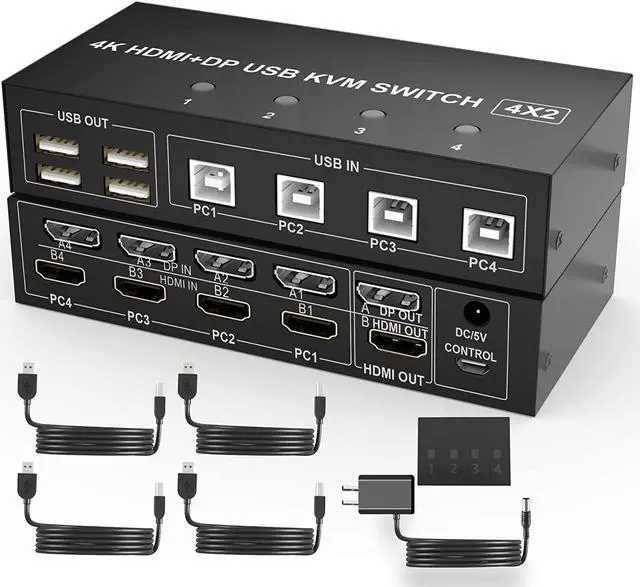 Main image of 4 Port HDMI + DisplayPort KVM Switch Dual Monitor, UHD 4K@60Hz, KVM Switch 2 Monitors 4 Computers with 4 USB 2.0 Hub, Keyboard Video Mouse Peripherals Switcher for 4 PCs Dual Monitors