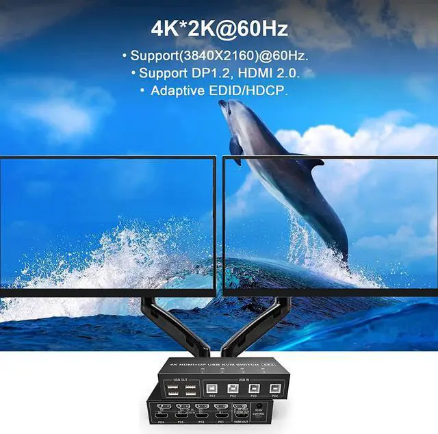 Alt view image 4 of 7 - 4 Port HDMI + DisplayPort KVM Switch Dual Monitor, UHD 4K@60Hz, KVM Switch 2 Monitors 4 Computers with 4 USB 2.0 Hub, Keyboard Video Mouse Peripherals Switcher for 4 PCs Dual Monitors