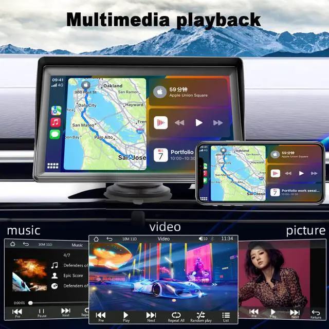 Alt view image 4 of 7 - Portable Dash Mount A-p-p-l-e Carplay Display Screen, Wireless Car Play, GPS Navigatin,Bluetooth 5.0 Car Stereo Car Radio 7'' Touch Screen, Night Vision Backup Camera, FM Radio, USB/TF