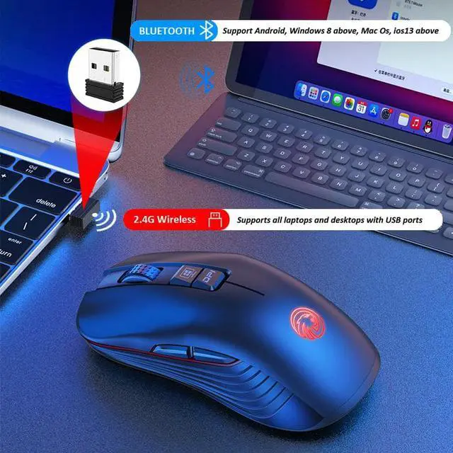 Alt view image 5 of 7 - Gaming Mice, Wireless Mouse Dual Mode Bluetooth5.1/2.4G RF Wireless Mouse with LED Rainbow Lights Rechargeable Type-C Bluetooth Mouse with 7 Buttons, 3 Adjustable DPI [800/1200/1600 dpi] for PC Laptop