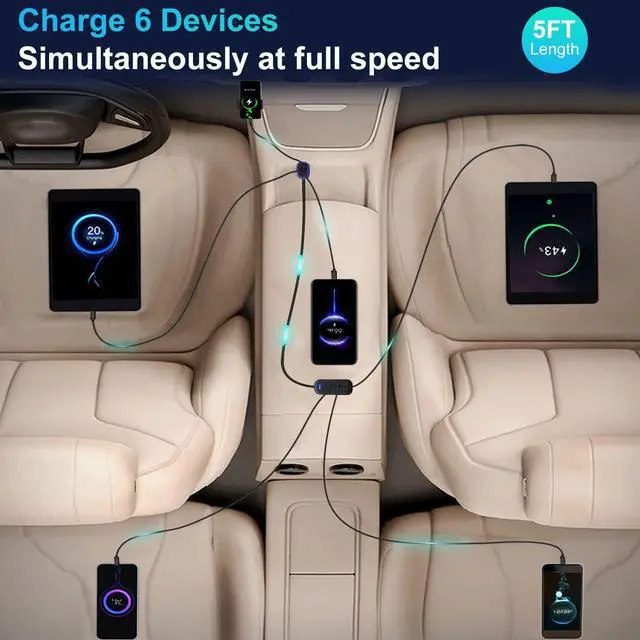 Alt view image 2 of 7 - 6 Multi Ports USB Car Charger, 65W QC3.0 Power PD Fast Car Charger Adapter, Type C Cigarette Lighter Charger for Cellphone Charging with 5FT Extension Cable & Back Clip Design