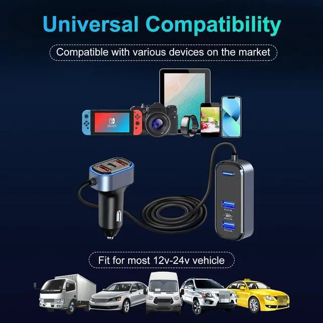 Alt view image 6 of 7 - 6 Multi Ports USB Car Charger, 65W QC3.0 Power PD Fast Car Charger Adapter, Type C Cigarette Lighter Charger for Cellphone Charging with 5FT Extension Cable & Back Clip Design
