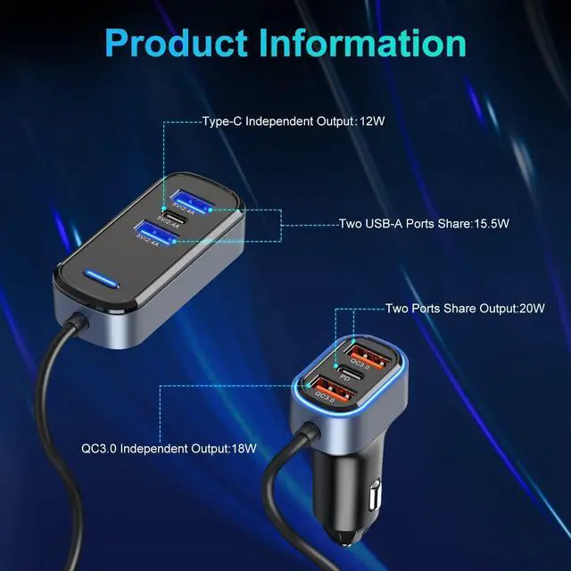 Alt view image 5 of 7 - 6 Multi Ports USB Car Charger, 65W QC3.0 Power PD Fast Car Charger Adapter, Type C Cigarette Lighter Charger for Cellphone Charging with 5FT Extension Cable & Back Clip Design