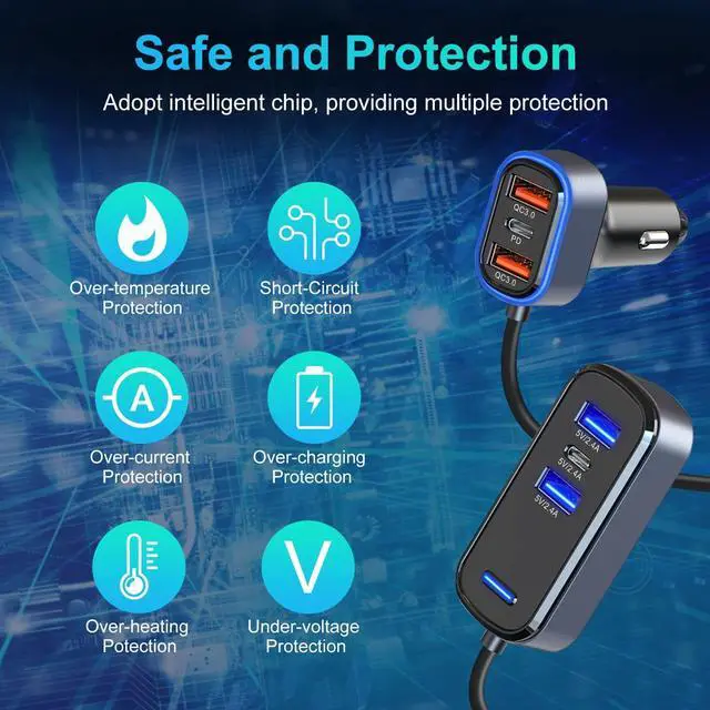 Alt view image 3 of 7 - 6 Multi Ports USB Car Charger, 65W QC3.0 Power PD Fast Car Charger Adapter, Type C Cigarette Lighter Charger for Cellphone Charging with 5FT Extension Cable & Back Clip Design