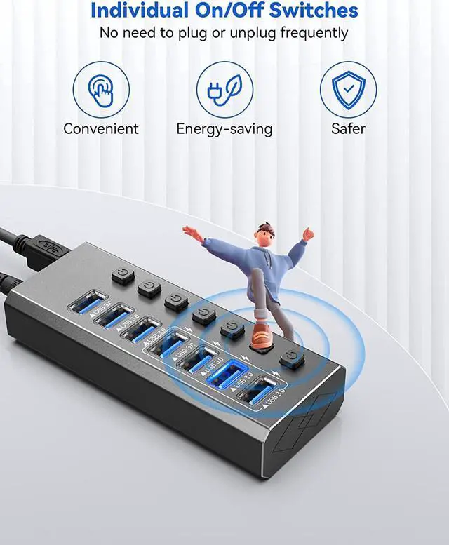 Alt view image 5 of 6 - Powered USB 3.0 Hub [Durable Aluminum], 7-Port USB Hub 3.0 Powered, USB3.0 Hub with Individual Switch Buttons Smart Charging USB Port Expander Fit for External Hard Drive Gaming Laptop Desktop PC