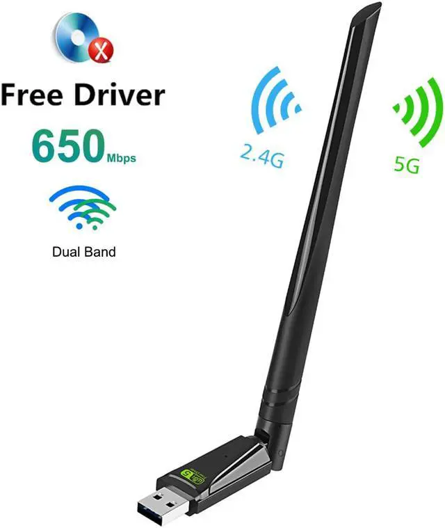 Main image of WiFi Adapter 650Mbps, AC650 USB Wireless Adapter 5 DBi External Antenna Dual Band 2.4GHz/5GHz LAN Card 802.11ac Network Card for Desktop Laptop PC Support Windows Vista/XP/Win7/8/10/11