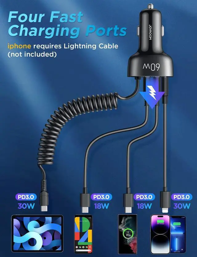 Alt view image 3 of 7 - USB C Car Charger, 60W 4 Port Fast Car Charger [PD& QC3.0 Quick Charge] [Extendable Coiled Type C Cable] Multi Port Cigarette Lighter Adapter for i-Phone/Android Smartphones etc.