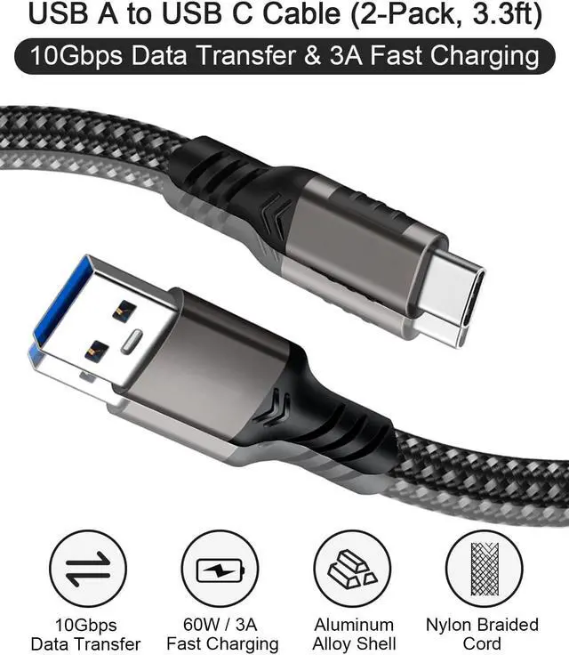 Alt view image 2 of 7 - USB A to USB C Cable [2 Pack 3.3ft], USB 3.1/3.2 Data Transfer and 60W 3A Fast Charging Cable, for Android Auto S-a-m s-u-n-g Galaxy S23 S22 S21 S20 Ultra and Other Type C Phone Laptop PC Devices