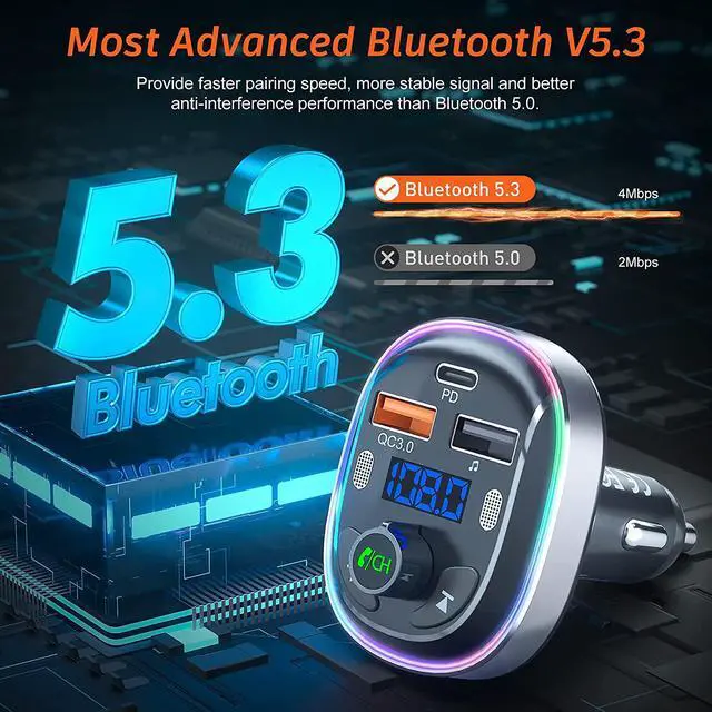 Alt view image 2 of 7 - Bluetooth Car Adapter, Car FM Bluetooth 5.3 Transmitter for Auto [Stronger Dual Mics + Metal Shell] 30W PD&QC3.0 Support Handsfree Call, Siri Google Assistant, 7 Color Lights, LED Voltmeter & U Disk