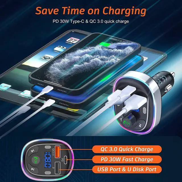 Alt view image 3 of 7 - Bluetooth Car Adapter, Car FM Bluetooth 5.3 Transmitter for Auto [Stronger Dual Mics + Metal Shell] 30W PD&QC3.0 Support Handsfree Call, Siri Google Assistant, 7 Color Lights, LED Voltmeter & U Disk
