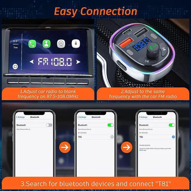 Alt view image 6 of 7 - Bluetooth Car Adapter, Car FM Bluetooth 5.3 Transmitter for Auto [Stronger Dual Mics + Metal Shell] 30W PD&QC3.0 Support Handsfree Call, Siri Google Assistant, 7 Color Lights, LED Voltmeter & U Disk