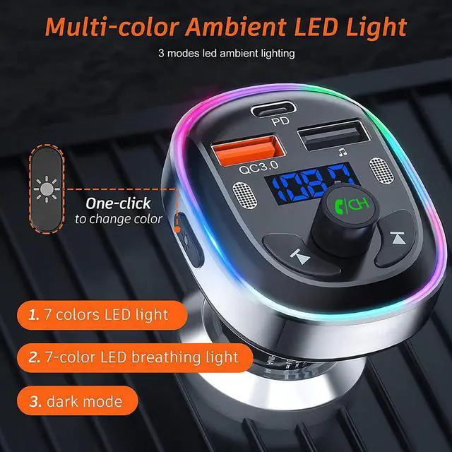 Alt view image 7 of 7 - Bluetooth Car Adapter, Car FM Bluetooth 5.3 Transmitter for Auto [Stronger Dual Mics + Metal Shell] 30W PD&QC3.0 Support Handsfree Call, Siri Google Assistant, 7 Color Lights, LED Voltmeter & U Disk