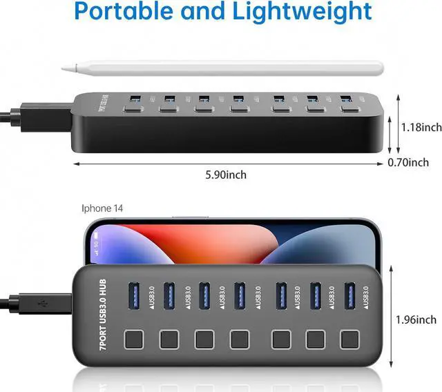 Alt view image 6 of 7 - AUTYUE USB Hub 3.0 7 Port, USB Data Hub Splitter with LED Individual On/Off Switches and Lights, 5Gbps High Speed USB Port Expander for Mac-Book, Mac Pro, Mac Mini, i-Mac, Surface Pro, XPS, PC