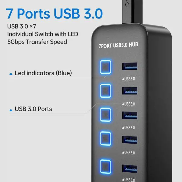 Alt view image 3 of 7 - AUTYUE USB Hub 3.0 7 Port, USB Data Hub Splitter with LED Individual On/Off Switches and Lights, 5Gbps High Speed USB Port Expander for Mac-Book, Mac Pro, Mac Mini, i-Mac, Surface Pro, XPS, PC