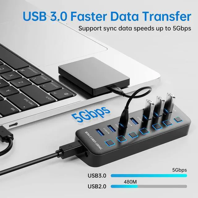 Alt view image 2 of 7 - AUTYUE USB Hub 3.0 7 Port, USB Data Hub Splitter with LED Individual On/Off Switches and Lights, 5Gbps High Speed USB Port Expander for Mac-Book, Mac Pro, Mac Mini, i-Mac, Surface Pro, XPS, PC