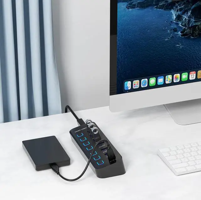 Alt view image 7 of 7 - AUTYUE USB Hub 3.0 7 Port, USB Data Hub Splitter with LED Individual On/Off Switches and Lights, 5Gbps High Speed USB Port Expander for Mac-Book, Mac Pro, Mac Mini, i-Mac, Surface Pro, XPS, PC