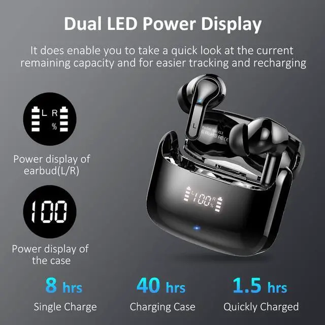 Alt view image 4 of 7 - True Wireless Earbud, Bluetooth Headphones 5.3 Stereo Bass Earphones Noise Cancelling Ear Buds 40H Dual Mic Call, Bluetooth Earbud in-Ear USB-C LED Display IP7 Waterproof Sport Headset for Android IOS