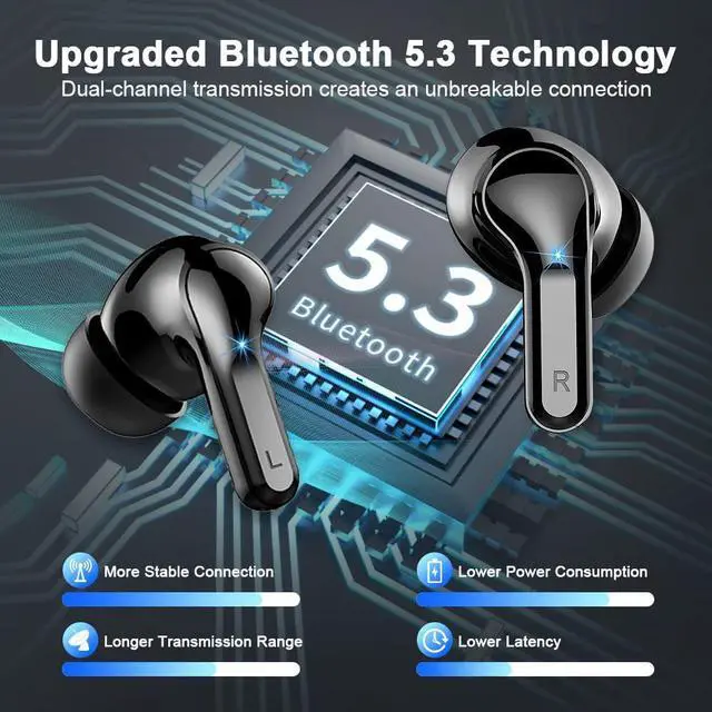 Alt view image 2 of 7 - True Wireless Earbud, Bluetooth Headphones 5.3 Stereo Bass Earphones Noise Cancelling Ear Buds 40H Dual Mic Call, Bluetooth Earbud in-Ear USB-C LED Display IP7 Waterproof Sport Headset for Android IOS