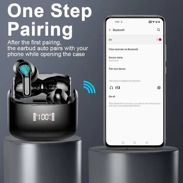 Alt view image 6 of 7 - True Wireless Earbud, Bluetooth Headphones 5.3 Stereo Bass Earphones Noise Cancelling Ear Buds 40H Dual Mic Call, Bluetooth Earbud in-Ear USB-C LED Display IP7 Waterproof Sport Headset for Android IOS