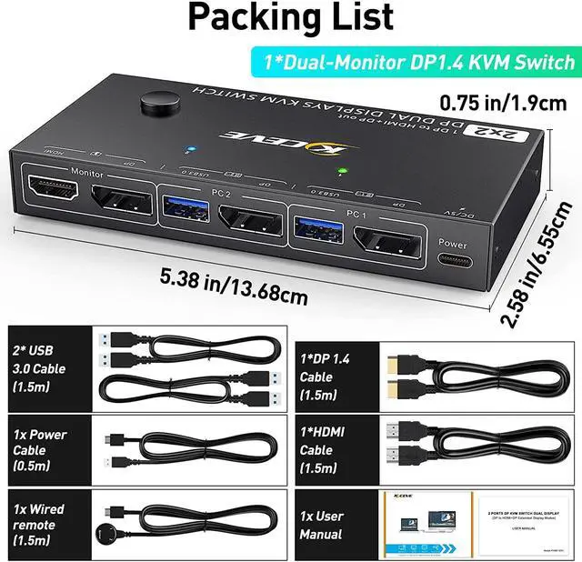 Alt view image 7 of 7 - Dual Monitor DisplayPort KVM Switch 8K@30Hz for 2 PCs 2 Monitors, USB 3.0 DP1.4 KVM Switch 2 Displayport in Displayport + HDMI Out, Backnward Compatible DP1.2 with DP+USB Cables and Wired Controller