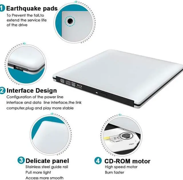 Alt view image 3 of 7 - Aluminum External 3D Blu Ray CD DVD Optical Drive, USB 3.0 Type-C Blu-ray CD/DVD+/-RW Burner Player Writer Reader Rewriter, External CD/DVD Drive for Laptop Desktop with Windows XP/7/8/10 Mac OS