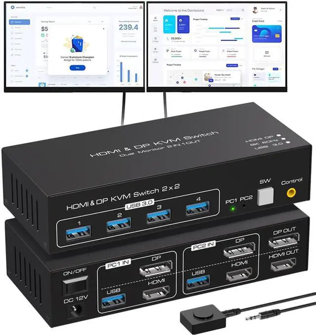 Main image of 2 Port Dual Monitor DisplayPort HDMI KVM Switch 8K @60Hz, 4K @120Hz, USB 3.0 DP+HDMI KVM Switcher 2 in 2 Out for 2 Computers 2 Monitors with 4 Ports USB 3.0 Support Copy and Extended Display