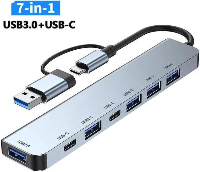 Main image of USB C Hub, 7 in 1 USB-C USB 3.0 Multiport Adapter with 1x USB 3.0, 4x USB 2.0 Ports, 1x USB C, 1x Type C Power Port, Type-C USB 3.0 Hub for Computers Mobile Phones and More