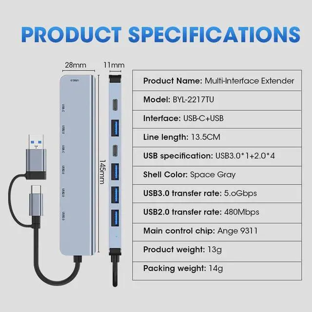 Alt view image 7 of 7 - USB C Hub, 7 in 1 USB-C USB 3.0 Multiport Adapter with 1x USB 3.0, 4x USB 2.0 Ports, 1x USB C, 1x Type C Power Port, Type-C USB 3.0 Hub for Computers Mobile Phones and More