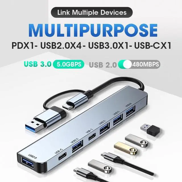 Alt view image 2 of 7 - USB C Hub, 7 in 1 USB-C USB 3.0 Multiport Adapter with 1x USB 3.0, 4x USB 2.0 Ports, 1x USB C, 1x Type C Power Port, Type-C USB 3.0 Hub for Computers Mobile Phones and More