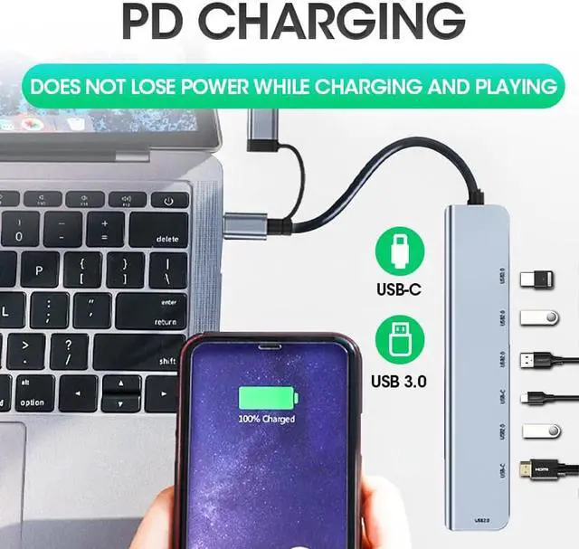 Alt view image 3 of 7 - USB C Hub, 7 in 1 USB-C USB 3.0 Multiport Adapter with 1x USB 3.0, 4x USB 2.0 Ports, 1x USB C, 1x Type C Power Port, Type-C USB 3.0 Hub for Computers Mobile Phones and More