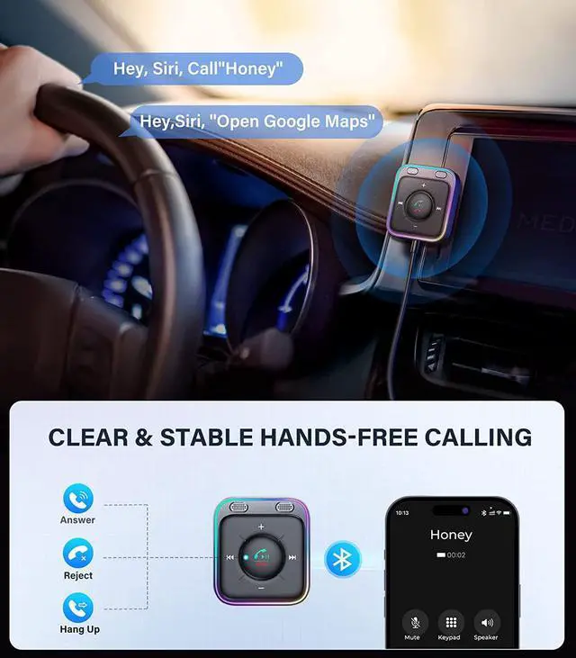Alt view image 7 of 7 - Bluetooth 5.3 Car Adapter with Dual Mics and Noise Cancellation, AUX Bluetooth Car Kit with Plug-and-Play and Noise Filter for Hands-Free Calls and Stereo Audio