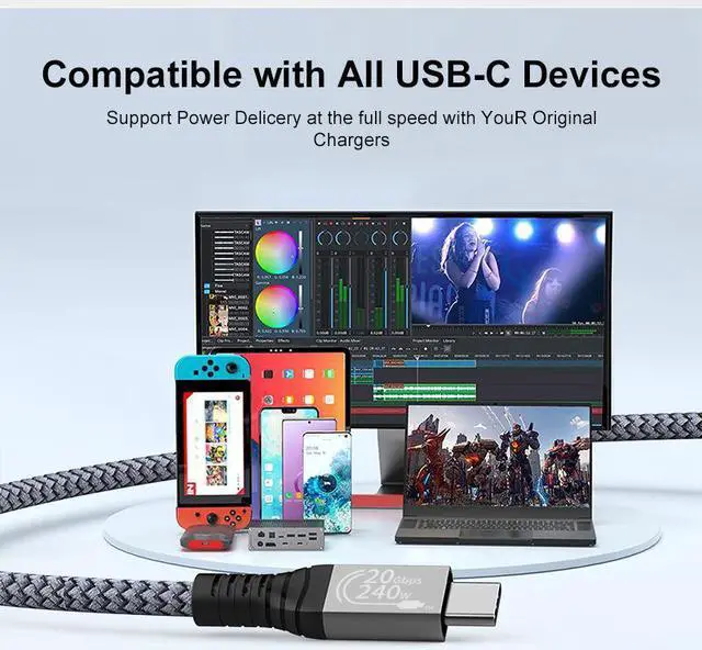 Alt view image 7 of 7 - 240W USB C to USB C Cable 10ft, USB C 3.2 Gen 2 Cable 20Gbps Data, 90 Degree Right Angle Thunderbolt 3 USB C to C Cable, 4K@60Hz Video Cord to Compatible with USB-C MacBook, i-Pad Pro, Monitor etc.