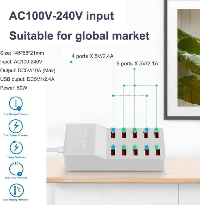 Alt view image 2 of 7 - USB Charger Station, 10-Port 50W/10A Multiple USB Charging Station, Multi Ports USB Charger Charging Station for Smartphones, Tablets, and Other USB Devices