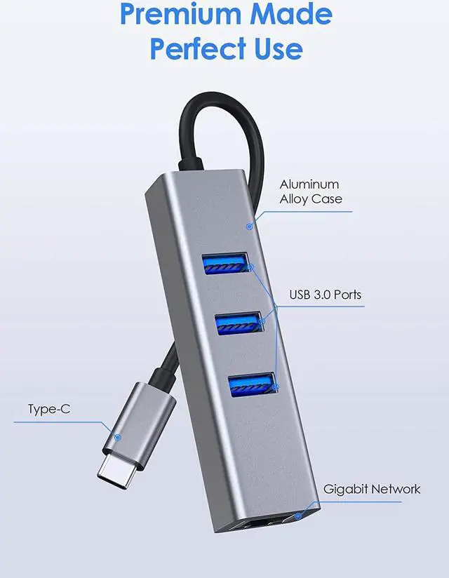 Alt view image 6 of 7 - [4 in 1] USB C Hub with 3x USB 3.0 Ports, 1000Mbps RJ45 Gigabit Ethernet Port, Aluminum USB Extender Splitter, Type-C to USB 3.0 Multiport Hub for Laptop/MacBook/Mac Pro Mini/Surface Pro/PC