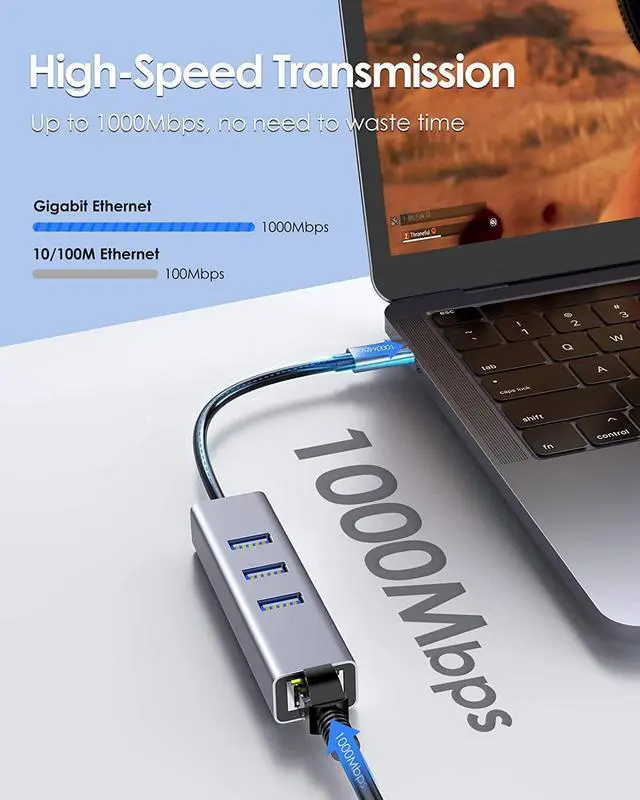 Alt view image 3 of 7 - [4 in 1] USB C Hub with 3x USB 3.0 Ports, 1000Mbps RJ45 Gigabit Ethernet Port, Aluminum USB Extender Splitter, Type-C to USB 3.0 Multiport Hub for Laptop/MacBook/Mac Pro Mini/Surface Pro/PC