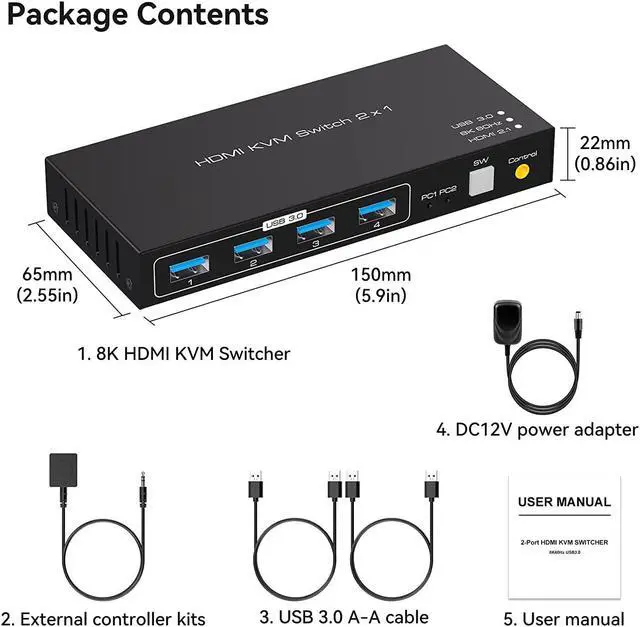 Alt view image 7 of 7 - 2 Port HDMI KVM Switch 2 in 1 Out, USB 3.0 KVM Switcher for 2 Computers Share Keyboard Mouse Printer Support 8K @60HZ 4K @120HZ with 4 Port USB 3.0 Support Desktop Control Including 2 USB 3.0 Cable
