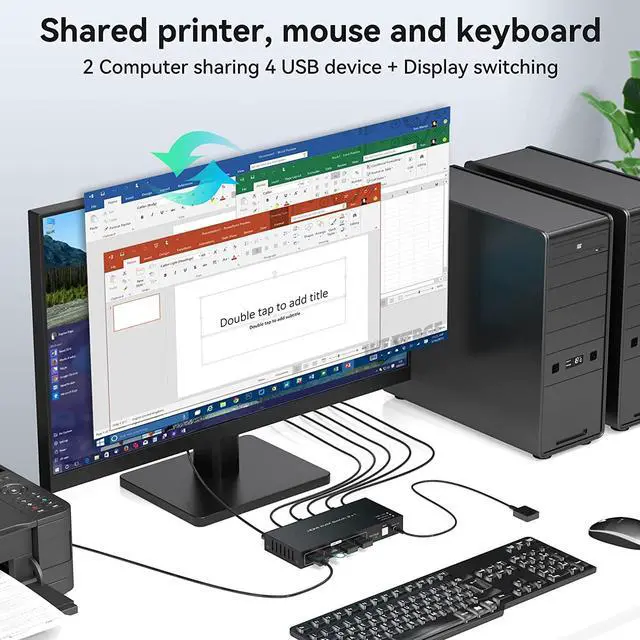 Alt view image 3 of 7 - 2 Port HDMI KVM Switch 2 in 1 Out, USB 3.0 KVM Switcher for 2 Computers Share Keyboard Mouse Printer Support 8K @60HZ 4K @120HZ with 4 Port USB 3.0 Support Desktop Control Including 2 USB 3.0 Cable