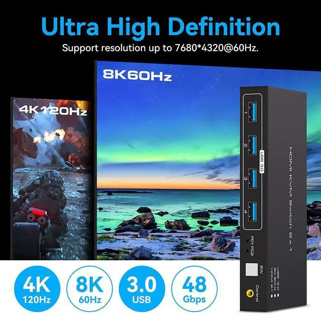 Alt view image 4 of 7 - 2 Port HDMI KVM Switch 2 in 1 Out, USB 3.0 KVM Switcher for 2 Computers Share Keyboard Mouse Printer Support 8K @60HZ 4K @120HZ with 4 Port USB 3.0 Support Desktop Control Including 2 USB 3.0 Cable