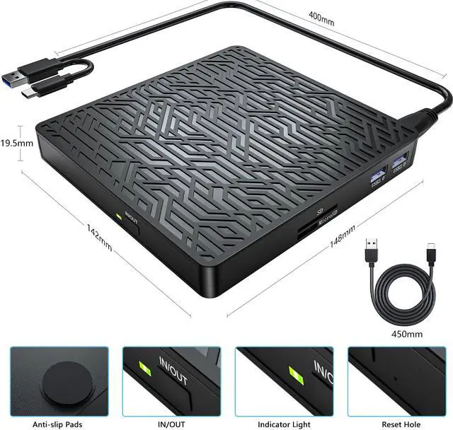 Alt view image 6 of 7 - External Bluray CD/DVD Drive [5 in 1], USB 3.0 Type-C CD BD Writer with SD/TF & USB Slots Optical CD DVD Drive BD DVD Drives for Laptop/MacBook/Desktop/Car Compatible with MacOS/Windows 10/8/7