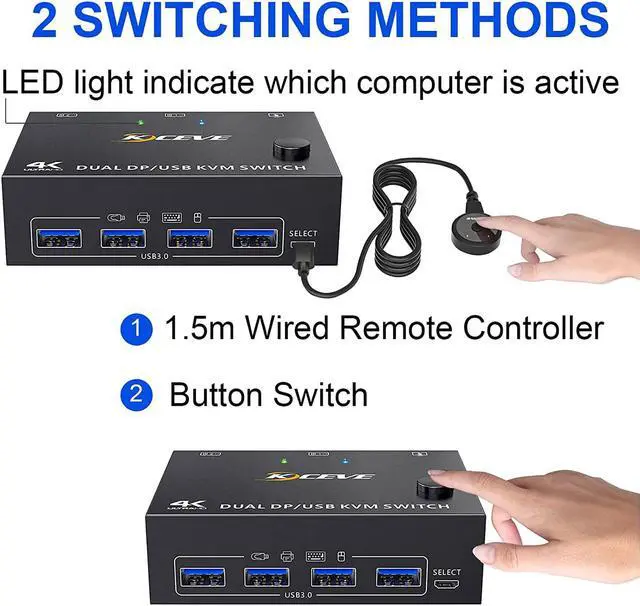 Alt view image 5 of 7 - USB 3.0 DP KVM Switch for 2 PC 2 Monitors, 8K @30Hz 4K @144Hz Extended Display, 2 in 2 Out Dual Monitor Displayport 1.4 KVM Switch for 4 USB Devices Mouse Keyboard, with 2 USB3.0 and 2 DP Cables