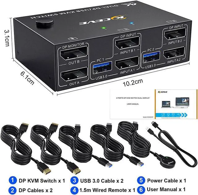 Alt view image 7 of 7 - USB 3.0 DP KVM Switch for 2 PC 2 Monitors, 8K @30Hz 4K @144Hz Extended Display, 2 in 2 Out Dual Monitor Displayport 1.4 KVM Switch for 4 USB Devices Mouse Keyboard, with 2 USB3.0 and 2 DP Cables