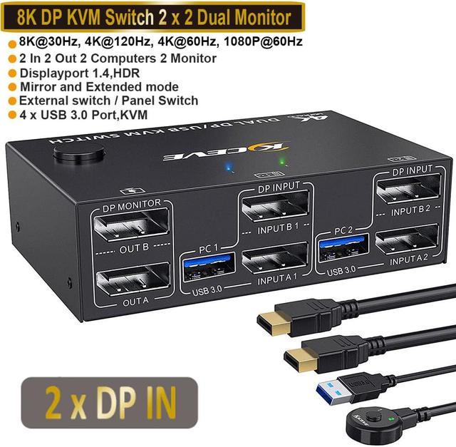 DP KVM Switch Dual Display Switcher Cable Displayport 1.4 Extended Display  2 PC Or Laptop Share