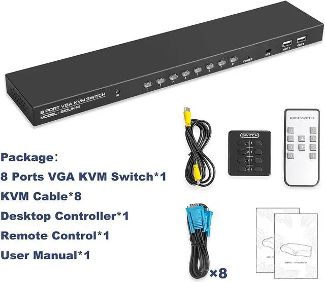 Alt view image 7 of 7 - VGA KVM Switch, 8 Port USB VGA KVM Switcher for 8 Computers Share 1 Monitor 4 USB Devices, Keyboard Mouse Scanner Printer, Including 8 KVM Cables, Remote Control & Desktop Control